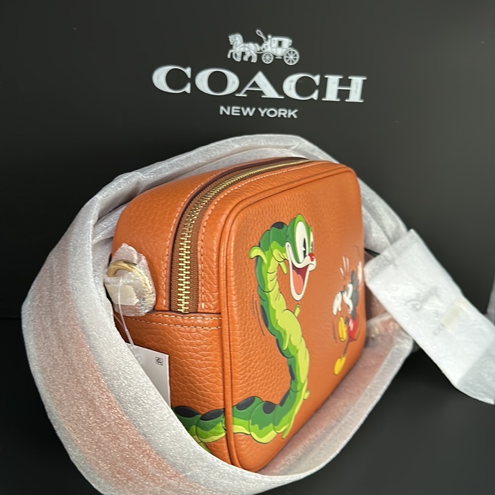NWT Disney X Coach Flight Bag 19 Mickey Mouse Garden Caterpillar Purse Leather - Picture 8 of 9